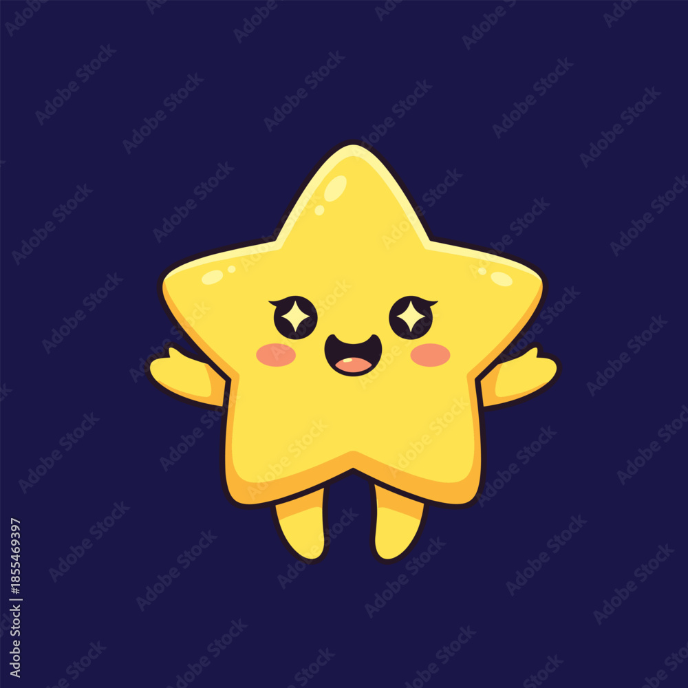 Fototapeta premium Cute Cartoon Star Character with Sparkling Eyes and Rosy Cheeks.
