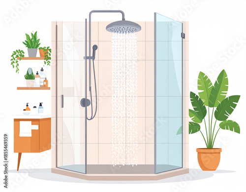 Modern bathroom interior with a corner shower cabin, water flowing, and green plants creating a fresh atmosphere.