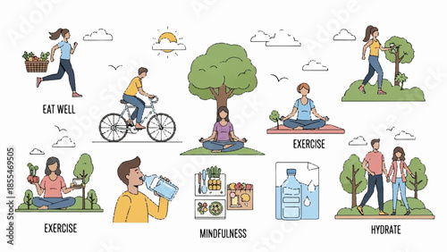 People engaging in various wellness activities such as exercise, meditation, and hydration outdoors in a serene landscape
