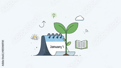 A calendar on January 1st with a growing plant, symbolizing new beginnings, surrounded by elements representing growth and planning.