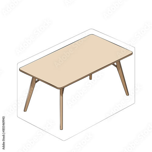 An isometric view of a rectangular table with four slanted wooden legs