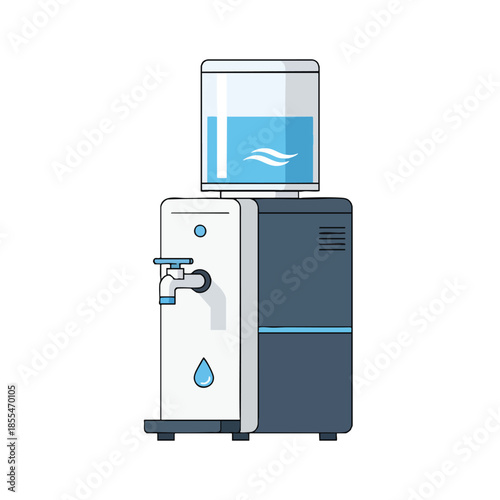 A cartoon-style water dispenser with a blue reservoir and drip, on a white background