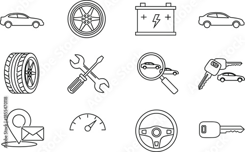 Minimal line car service and automotive icon set featuring vehicle repair tools battery keys wheels dashboard symbols design illustration collection