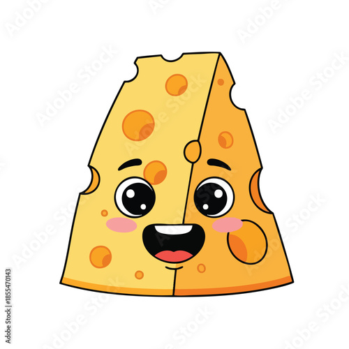 A smiling wedge of cheese with large eyes, a wide open mouth and blushy cheeks