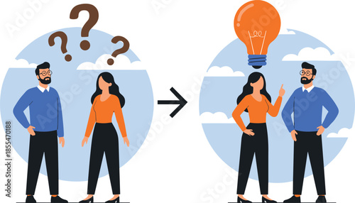Couple finding solution and creative idea from problem with light bulb and question marksCouple finding solution and creative idea from problem with light bulb and question marks