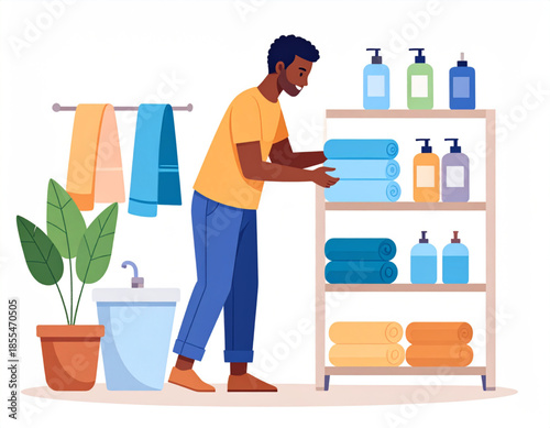 A man organizing neatly folded blue towels on a wooden shelf in a bathroom with various toiletries, a plant, and hanging towels.