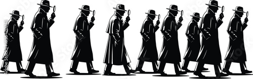 Black silhouette set of detectives in trench coats and hats walking with magnifying glasses flat vector illustration isolated on white background art