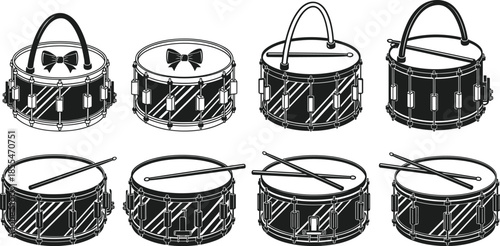 Collection of drum and snare instrument icons featuring various designs with drumsticks and bows flat vector illustration isolated on white background art