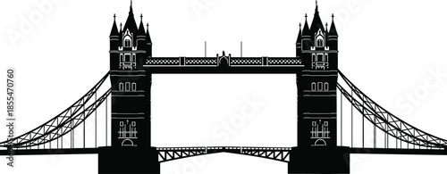 Black silhouette of London Tower Bridge landmark isolated on white background flat vector illustration for British travel tourism and United Kingdom architecture