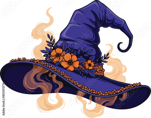 Purple Witch Hat Decorated with Orange Autumn Flowers and Wispy Smoke, Mystical Halloween Magic and Fantasy Sorceress Concept Illustration , Generative Ai