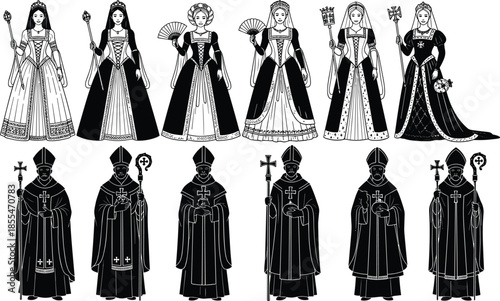 Collection of medieval queen and bishop silhouette icons wearing traditional royal and religious clothing flat vector illustration isolated on white background art