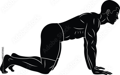 Silhouette of athletic man performing cat cow yoga pose on all fours stretching exercise for back health flat vector illustration on white