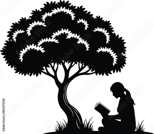 Silhouette of young girl sitting on grass reading book under large leafy tree in nature flat vector illustration isolated on white background