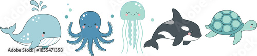 Cute sea animals vector set with whale octopus jellyfish orca and turtle illustrationsCute sea animals vector set with whale octopus jellyfish orca and turtle illustrations