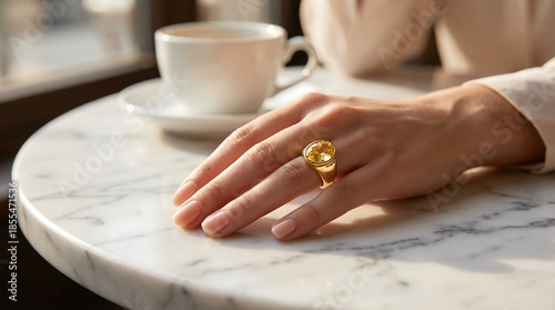 Hand with Gold Ring on Marble Table Near Coffee Cup and Saucer