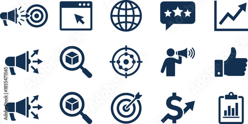 Marketing, strategy, icon, set, illustration, showing, target, growth, analytics, promotion, advertising, business, digital, media, campaign, performance, success, management, concept, design