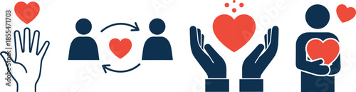 Love care donation icons, compassion kindness sharing heart concept, charity support empathy symbols, flat vector illustration design, modern minimal infographic