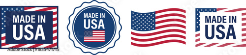 Made in USA label icons, American flag badges, patriotic product packaging symbols, quality assurance seals, vector illustration collection set