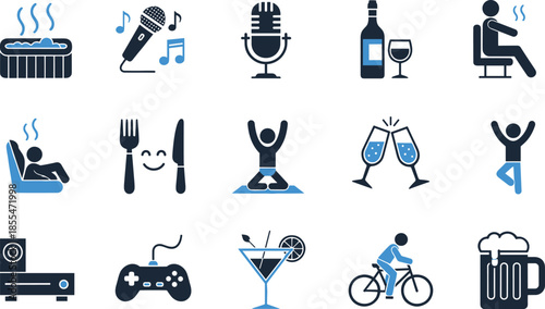 Leisure, lifestyle, icons, set, entertainment, relaxation, music, dining, wellness, yoga, celebration, drinks, gaming, cycling, spa, happiness, recreation, modern, illustration, collection