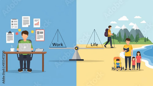 A man balances work and life as he weighs his office tasks against family moments on the beach.