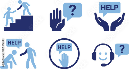 Help support assistance icons set, people helping teamwork guidance customer service concept, charity aid communication symbols, flat vector illustration design