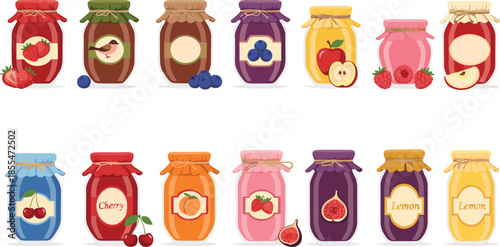 Fruit jam and jelly jars collection with various organic flavors and colorful labels vectorFruit jam and jelly jars collection with various organic flavors and colorful labels vector
