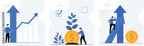 Financial growth and business investment concept set with people achieving success and profitFinancial growth and business investment concept set with people achieving success and profit