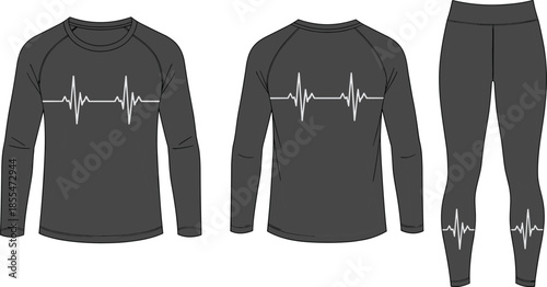 Dark gray athletic set, heartbeat graphic shirt leggings, fitness fashion vector, cad drawing, flat vector, apparel mockup, clothing template, activewear