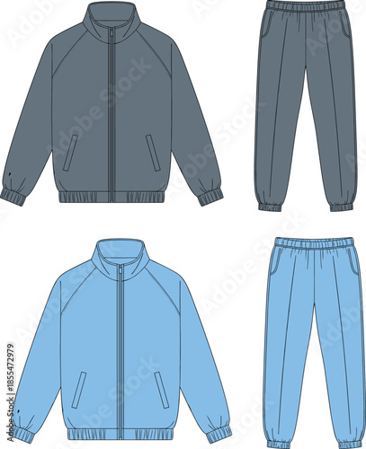 Gray blue tracksuit set, casual athletic wear, zip jacket pants combo, fashion vector, cad drawing, flat vector, apparel mockup, clothing template