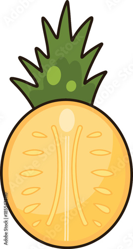 Cartoon pineapple with green leaves, cut in half.