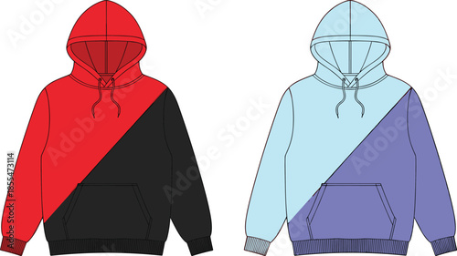 Diagonal color block hoodie, red black sweatshirt, blue purple hoodie, fashion vector, cad drawing, flat vector, apparel mockup, clothing template