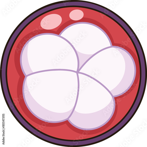 Cartoon of a purple mangosteen cut in half.