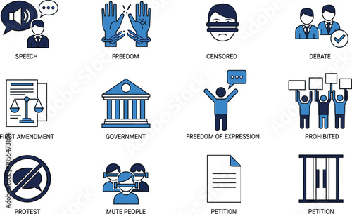 Freedom of speech and censorship icons set, government protest debate petition symbols, flat vector illustration for human rights awareness concepts