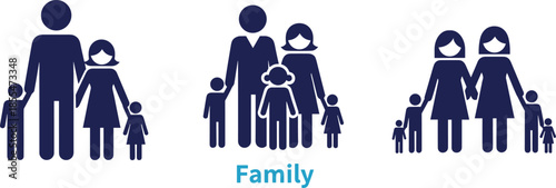 Family icons set showing diverse parents and children, modern flat vector illustration representing relationships, parenting, community, social unity concept