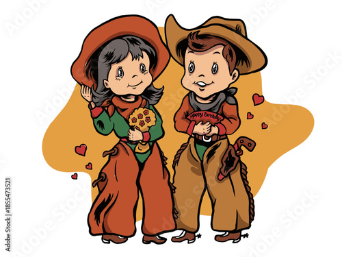 Little cowboy give a birthday present to his girlfriend illustration