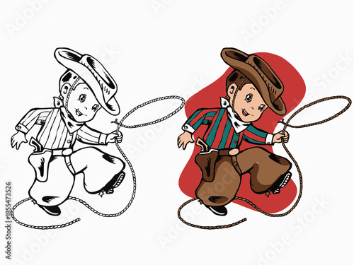 Little cowboy happily playing with his lasso illustration.