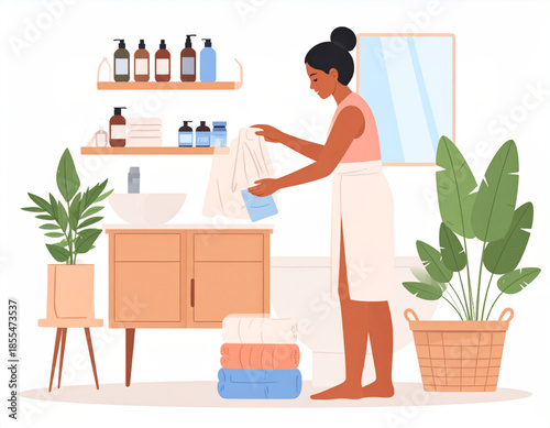 A woman in a modern bathroom folding clean towels, surrounded by plants and bathroom essentials.
