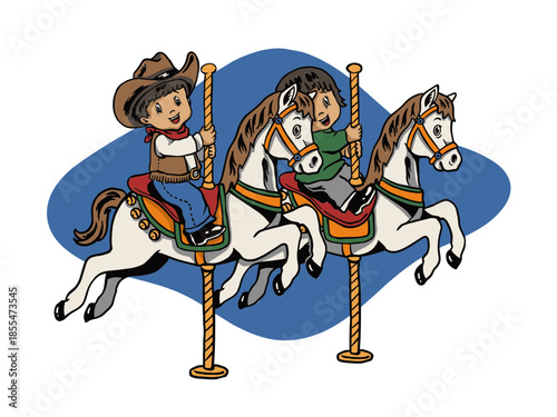 Little cowboy and cowgirl playing on horse carousel illustration
