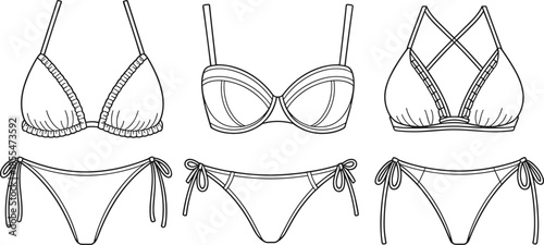 Bikini swimwear set collection, cad drawing, flat vector illustration, women beachwear design, fashionable two piece swimsuit templates, isolated apparel mockup