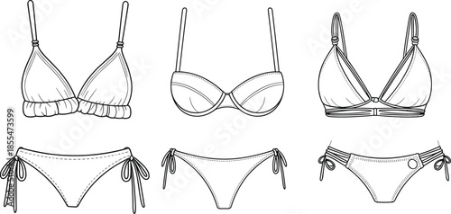 Bikini swimwear set collection, cad drawing, flat vector illustration, women beachwear design, lingerie style swimsuit templates, isolated apparel mockup