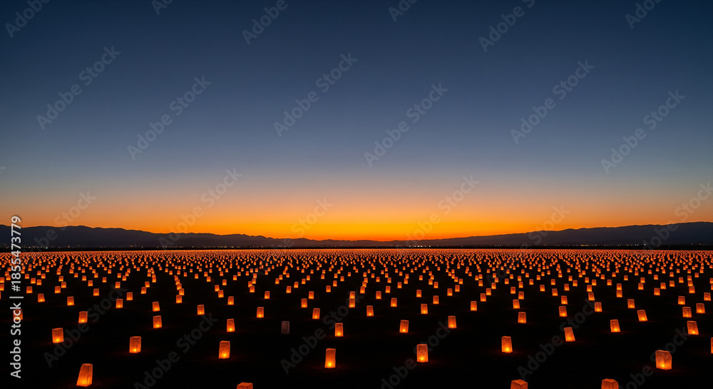 Fototapeta premium Fire pits and glowing lanterns dotting a desert festival, casting warm light against the night, Desert Firelight Festival, Mystical celebration