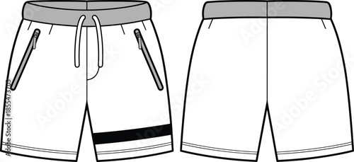 Technical fashion flat sketch athletic shorts front back view, waistband drawstring zip pockets stripe detail, garment construction drawing vector illustration clothing design