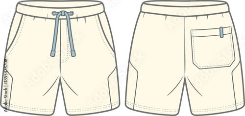 Technical fashion flat sketch beige shorts front back view, waistband drawstring pocket flap stitching seams, garment construction drawing vector illustration clothing design