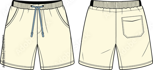 Technical fashion flat sketch athletic shorts front back view, waistband drawstring pocket flap seams stitching, garment construction drawing vector illustration clothing design