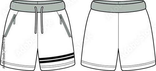 Technical fashion flat sketch athletic shorts front back view, waistband drawstring zip pockets stripes, garment construction drawing vector illustration clothing design