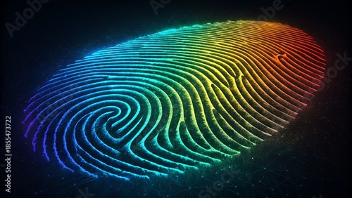 Vibrant high-resolution fingerprint pattern glowing with neon colors in digital security and biometric identification context