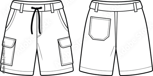 Technical fashion flat sketch cargo shorts front back view, waistband drawstring belt loops pockets flaps seams, garment construction drawing vector illustration clothing design