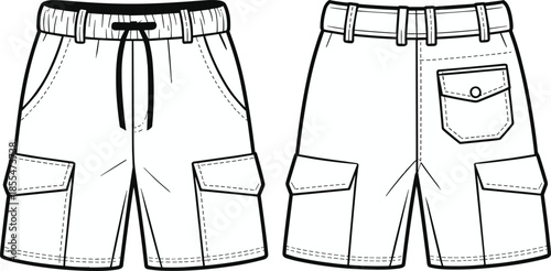 Technical fashion flat sketch cargo shorts front back view, waistband drawstring belt loops flap pockets seams, garment construction drawing vector illustration clothing design