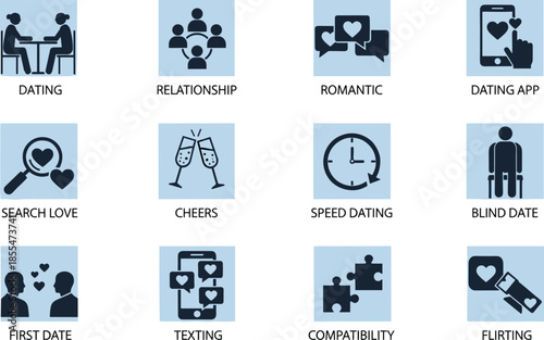 Dating relationship icons set, romantic love concepts dating app texting compatibility flirting speed dating symbols, flat vector illustration design collection