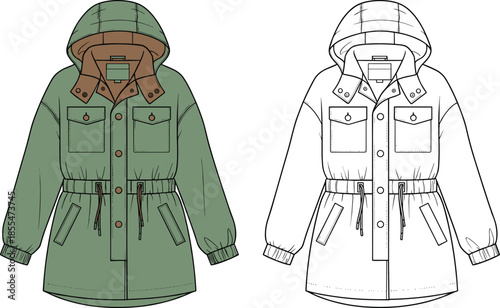 Hooded parka jacket flat vector CAD drawing, front view fashion outerwear illustration, technical apparel design template winter coat